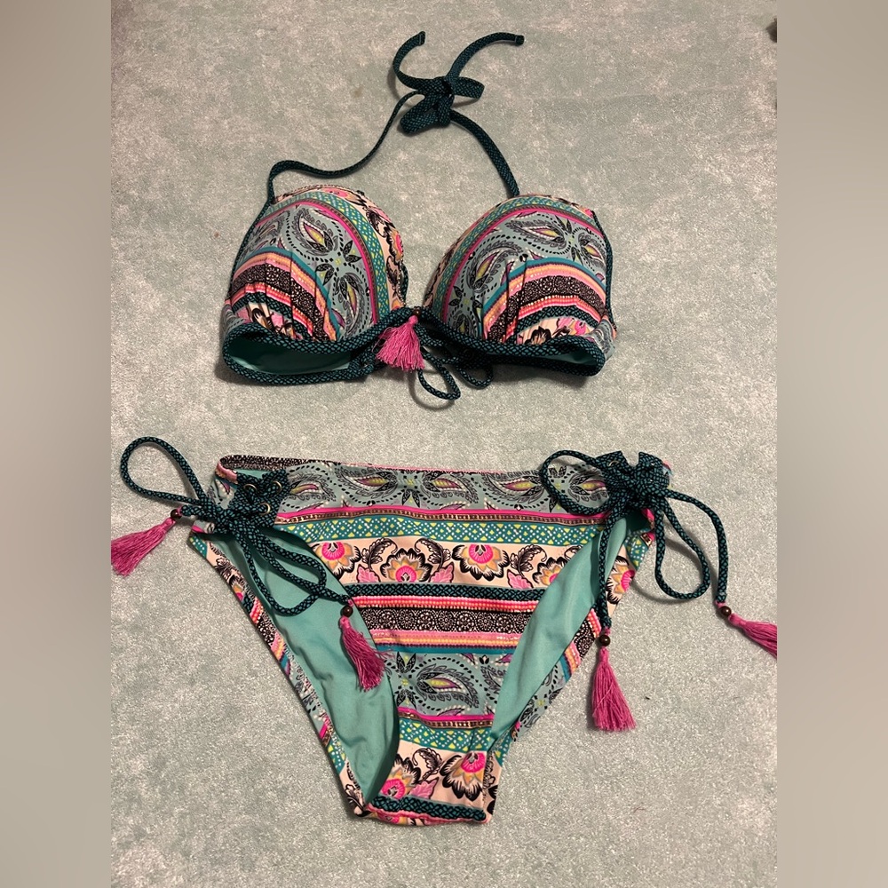 Shade & Shore Teal and Pink Paisley Halter Tie Bikini 36D L